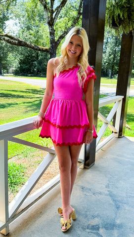Pink and Red One Shoulder Dress
